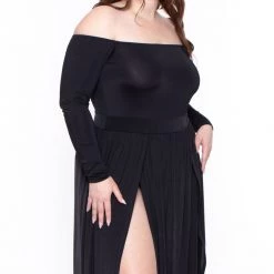 Curvy Sense Plus Size Eliana M- Slit Dress- Black Dresses