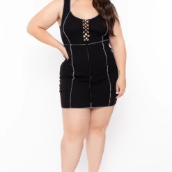 Curvy Sense Plus Size Exposed Seams Rib Dress - Black