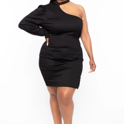 Curvy Sense Plus Size Fantasy Asymmetric Rhinestone Dress- Black Dresses