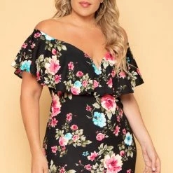 Curvy Sense Plus Size Floral Frill Bodycon Dress - Black New Arrivals