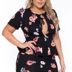 Curvy Sense Dresses Plus Size Floral Peplum Dress - Black