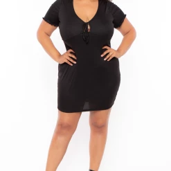Curvy Sense Dresses Plus Size Front Keyhole Bodycon Dress - Black