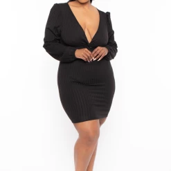 Curvy Sense Plus Size Front Twist Ribbed Dress - Black