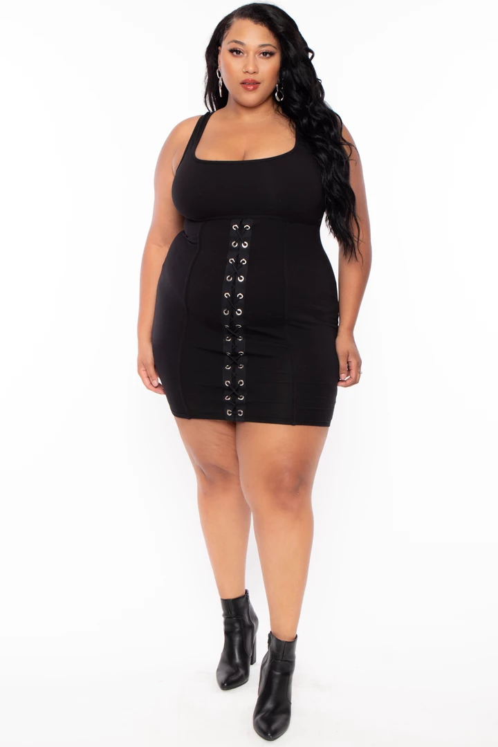 Curvy Sense Plus Size Grommet Bodycon Dress - Black 3 Curvy Sense Plus Size Grommet Bodycon Dress - Black