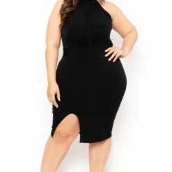 Curvy Sense Party Shop Plus Size Halter Knotted Dress - Black