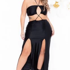 Curvy Sense Party Shop Plus Size Layana Double Slit Dress- Black