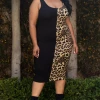 Curvy Sense Dresses Plus Size Leopard Half & Half Tank Bodycon Dress- Black