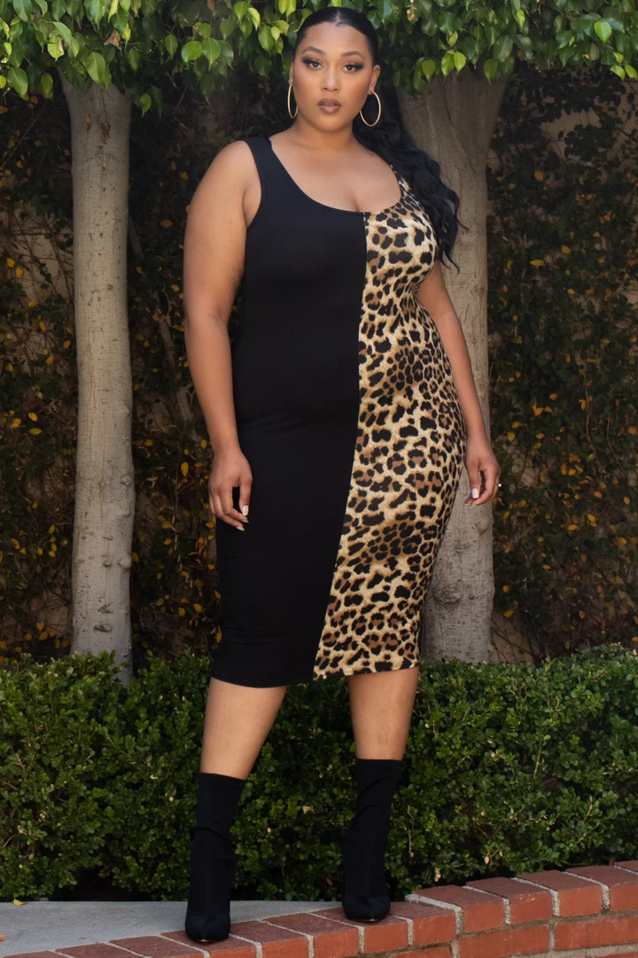 Curvy Sense Dresses Plus Size Leopard Half & Half Tank Bodycon Dress- Black 3 Curvy Sense Dresses Plus Size Leopard Half & Half Tank Bodycon Dress- Black