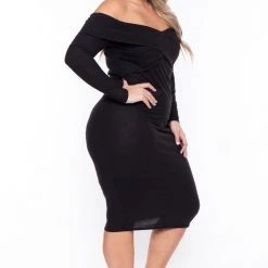 Curvy Sense Plus Size Lydia Off The Shoulder Dress- Black Dresses