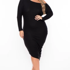 Curvy Sense Plus Size Maggie Asymmetric Sweater Dress - Black Back In Stock