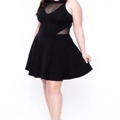 Curvy Sense Little Black Styles Plus Size Mesh-Inset Flare Dress - Black