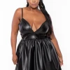 Curvy Sense Back In Stock Plus Size Roma Faux Leather Flare Dress - Black