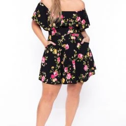 Curvy Sense Plus Size Rosabel Floral Dress- Black