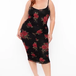 Curvy Sense Party Shop Plus Size Rose Garden Mesh Ruched Dress - Black