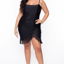 Curvy Sense Plus Size Ruched Fringe Bodycon Dress - Black