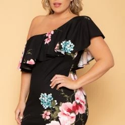 Curvy Sense Plus Size Saia Floral Bodycon Dress - Black New Arrivals