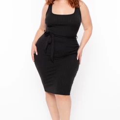 Curvy Sense Plus Size Sarai Belted Ribbed Dress - Black Dresses