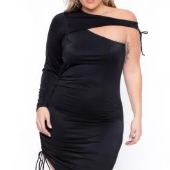 Curvy Sense Plus Size Scarlett Asymmetric Ruched Dress- Black Little Black Styles