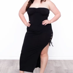 Curvy Sense Plus Size Side Lace-Up Strapless Dress - Black