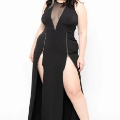Curvy Sense Back In Stock Plus Size Zipper Slit Dress - Black