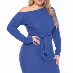 Curvy Sense Plus Size Vivien Asymmetric Off The Shoulder Dress - Blue