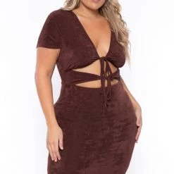 Curvy Sense Plus Size Ada Slinky Bodycon Dress - Brown