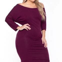 Curvy Sense Plus Size Asymmetric Knit Dress - Burgundy Dresses