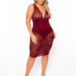 Curvy Sense Dresses Plus Size Bonnie Striped Lace Plunge Dress - Burgundy