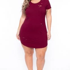 Curvy Sense Plus Size Destroyed Tee Dress - Burgundy