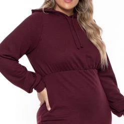 Curvy Sense Plus Size Hali Hoodie Sweatshirt Dress - Burgundy