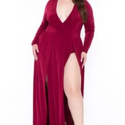 Curvy Sense Plus Size Naomi M-Slit Dress- Burgundy Dresses