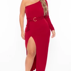 Curvy Sense Back In Stock Plus Size Alana Belted Dress - Burgundy