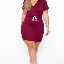 Curvy Sense Plus Size Sporty Varsity Stripe Hoodie Dress - Burgundy