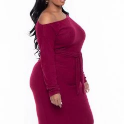 Curvy Sense Dresses Plus Size Vivien Asymmetric Off The Shoulder Dress - Burgundy