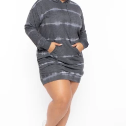Curvy Sense Plus Size Roma Tie-Dye Hoodie Dress - Charcoal