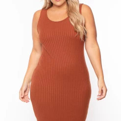 Curvy Sense Plus Size Essential Ribbed Midi Dress - Cognac