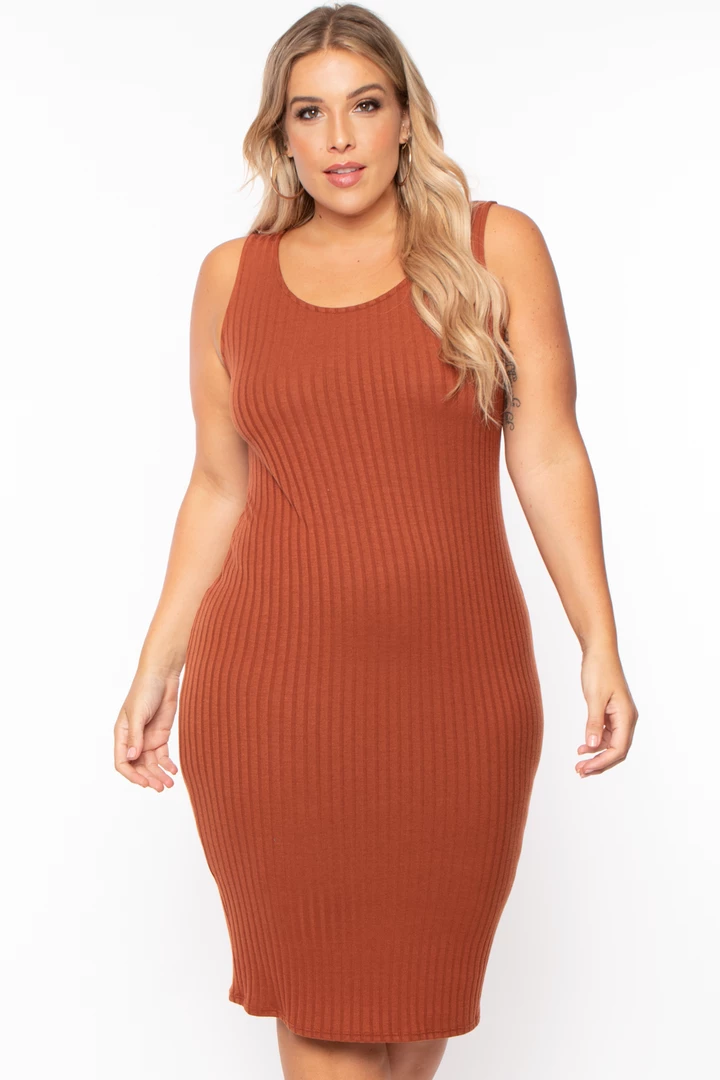 Curvy Sense Plus Size Essential Ribbed Midi Dress - Cognac 3 Curvy Sense Plus Size Essential Ribbed Midi Dress - Cognac
