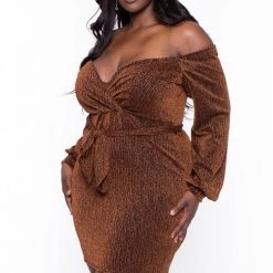 Curvy Sense Plus Size Rhianna Metallic Surplice Dress- Gold Party Shop
