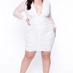 Curvy Sense Bridal Options Plus Size Polka-Dot Mesh Overlay Dress - Ivory