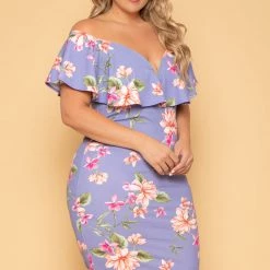 Curvy Sense New Arrivals Plus Size Floral Frill Bodycon Dress - Lavender