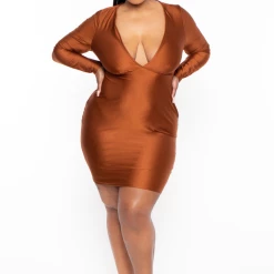 Curvy Sense Plus Size Sam Plunge Mini Dress - Mocha Dresses
