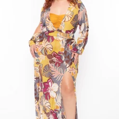 Curvy Sense Plus Size Tropical Print Mesh Maxi Cover-up Dress - Multi