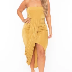 Curvy Sense Back In Stock Plus Size Rylee Front Drape Dress - Mustard