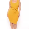 Curvy Sense Plus Size Sarai Belted Ribbed Dress - Mustard