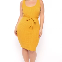 Curvy Sense Plus Size Sarai Belted Ribbed Dress - Mustard