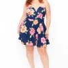 Curvy Sense Plus Size Amaryllis Floral Flare Dress - Navy