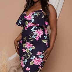 Curvy Sense Plus Size Eden Floral Dress- Navy New Arrivals