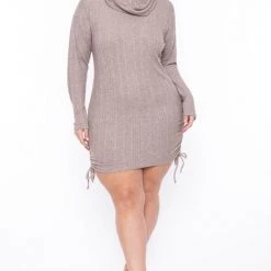 Curvy Sense Plus Size Frances Cowl Neck Faux Cashmere Sweater Dress - Oatmeal Dresses