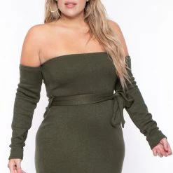 Curvy Sense Plus Size Sorena Sweater Dress- Olive Dresses