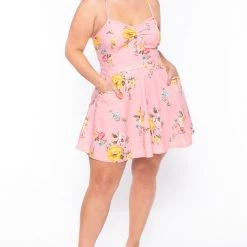 Curvy Sense Plus Size Blossom Floral Dress- Pink